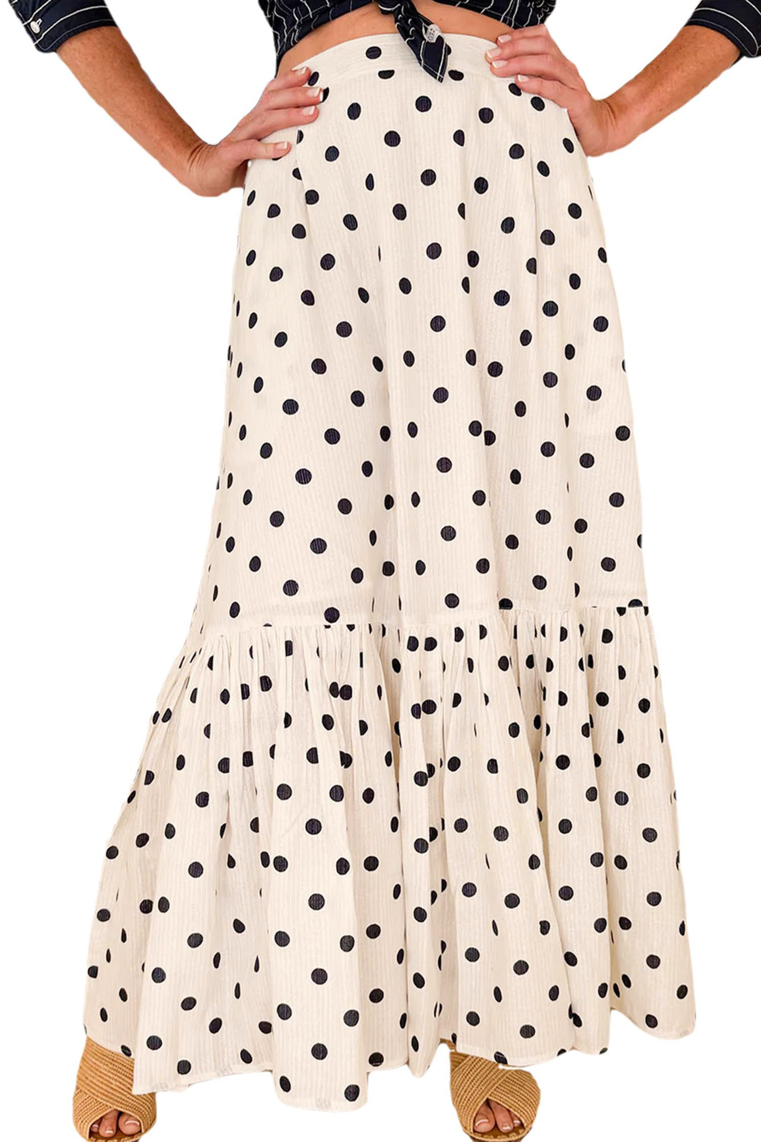 Women's White Polka Dot Maxi Skirt – High Waist Ruffled Hem, Casual Summer Daily Wear - Main View