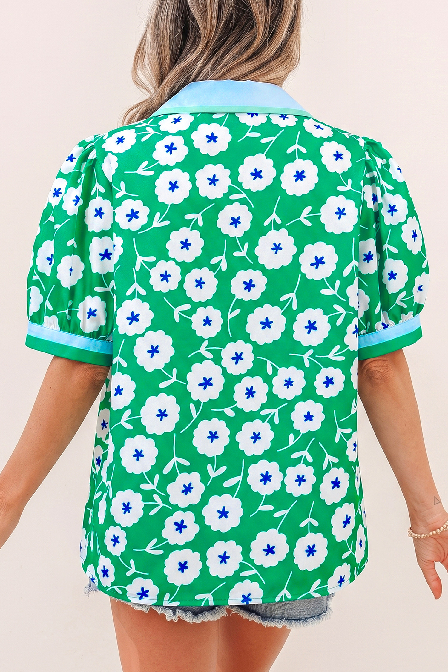 Southern Belle Floral Short Sleeve Shirt for Women – Green V-Neck Vacation Blouse with Contrast Collar - Detail View 2