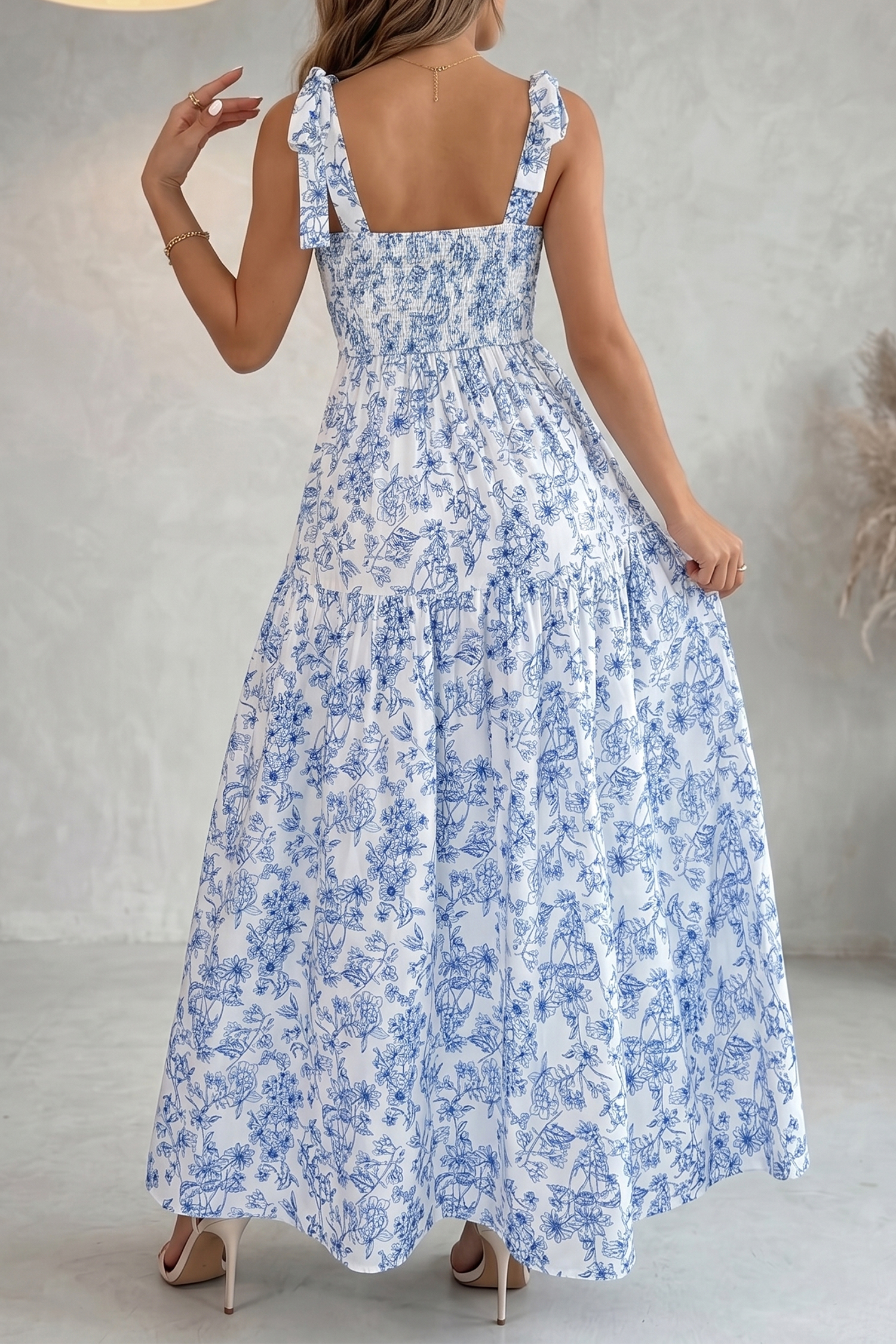 Women's Floral Print Flared Maxi Dress – Square Collar Summer Dress Gift for Her - Detail View 3