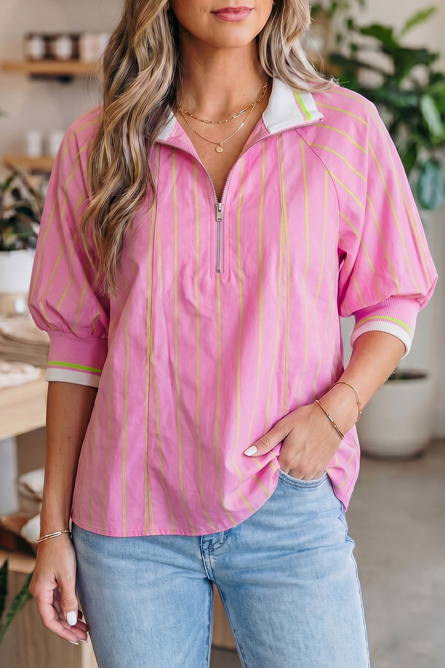 Women's Striped V-Neck Summer Blouse - Pink Half Sleeve Shift Top for Daily Wear - Detail View 2
