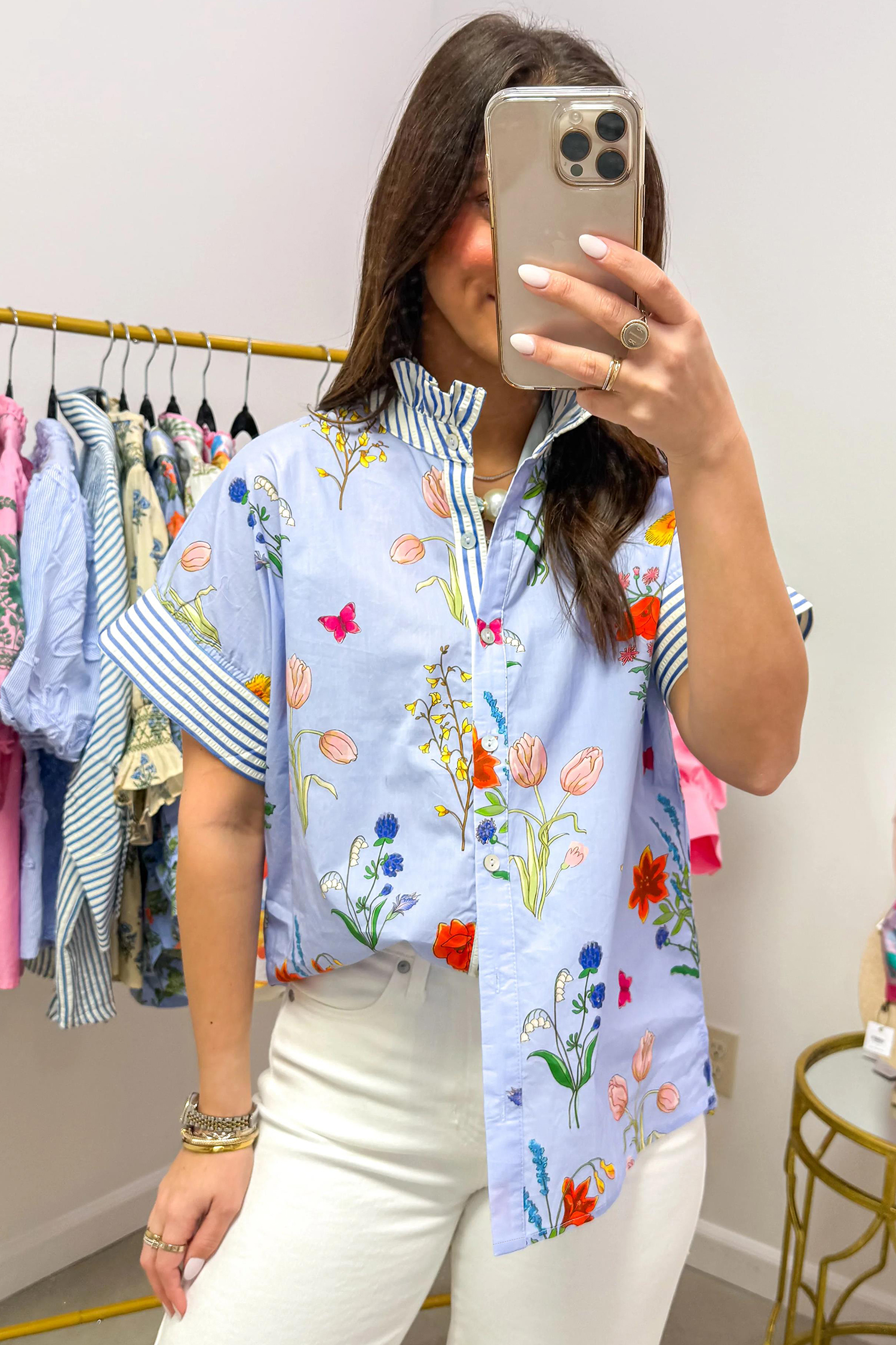 Women's Sky Blue Floral Striped Shirt – Casual Ruffled Collar Short Sleeve Blouse for Daily Wear - Detail View 7