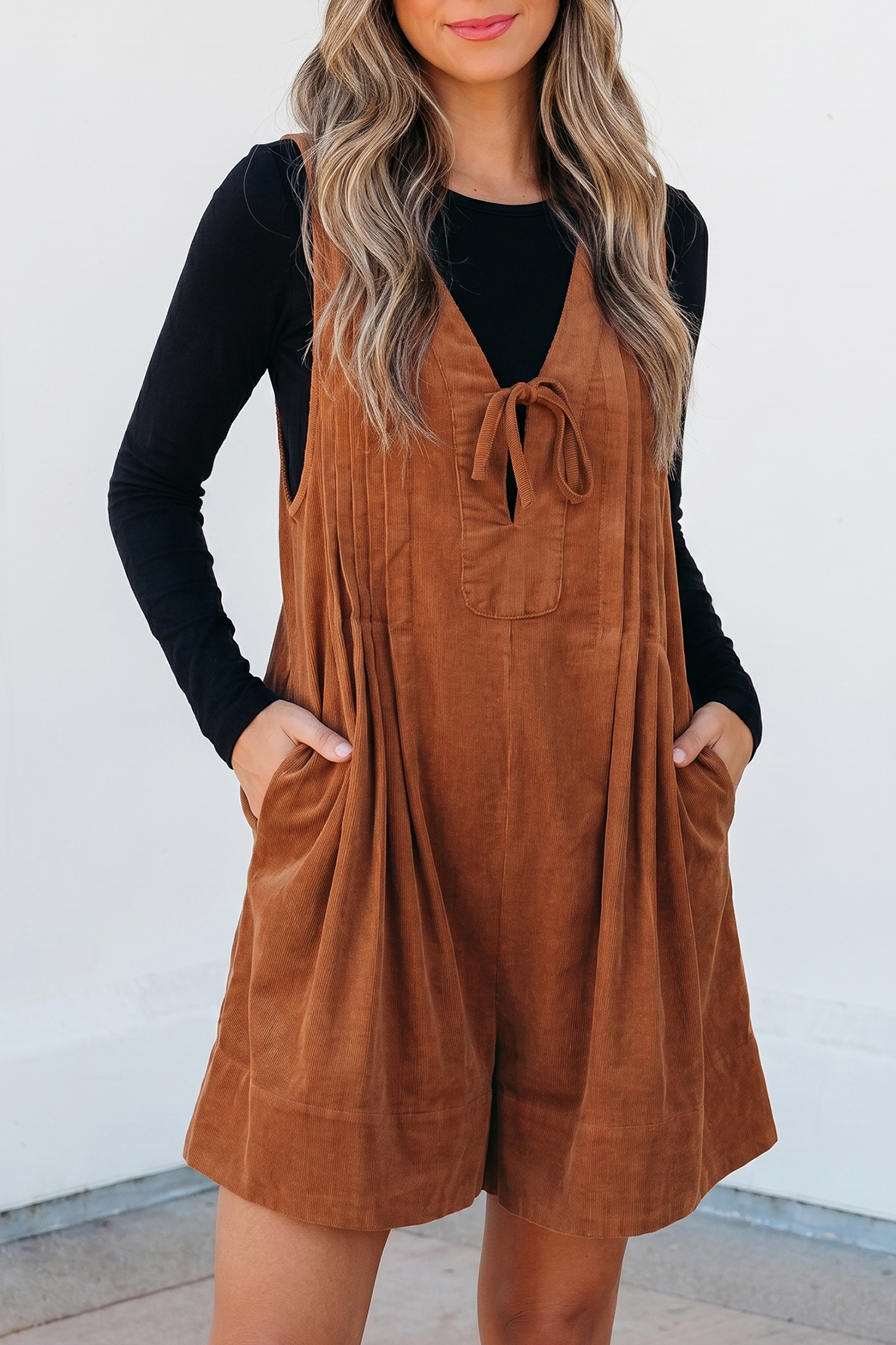 Women's Cinnamon Corduroy Romper – Sleeveless Fall Jumpsuit - Detail View 13