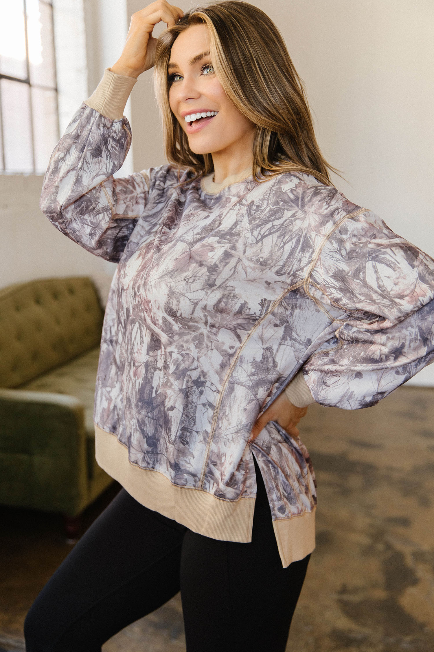 Casual Camo Tunic Sweatshirt for Women, Long Sleeve Top - Detail View 3