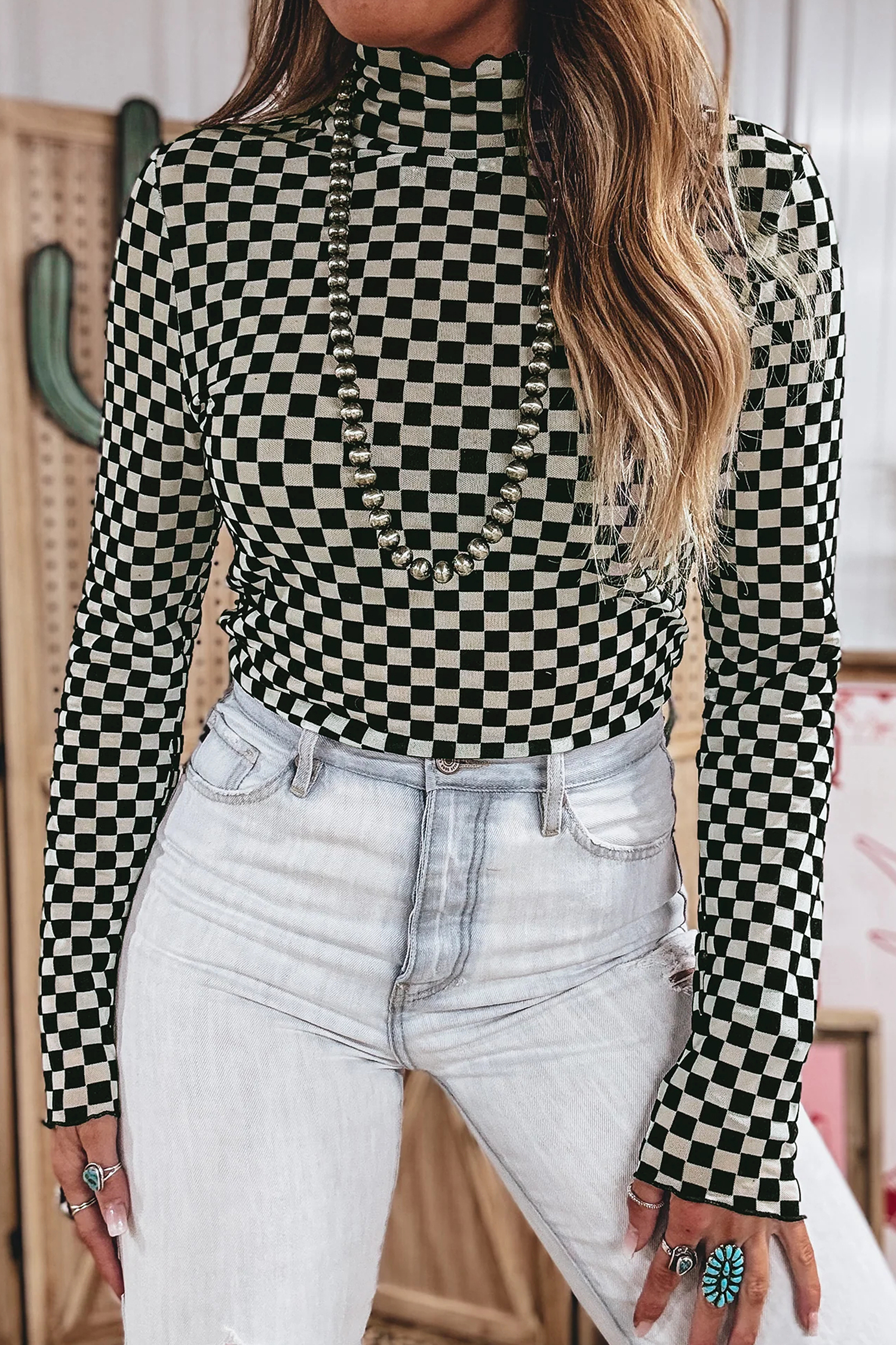 Women's Checkered Mesh Top, Fall Mock Neck Long Sleeve Tee - Detail View 8