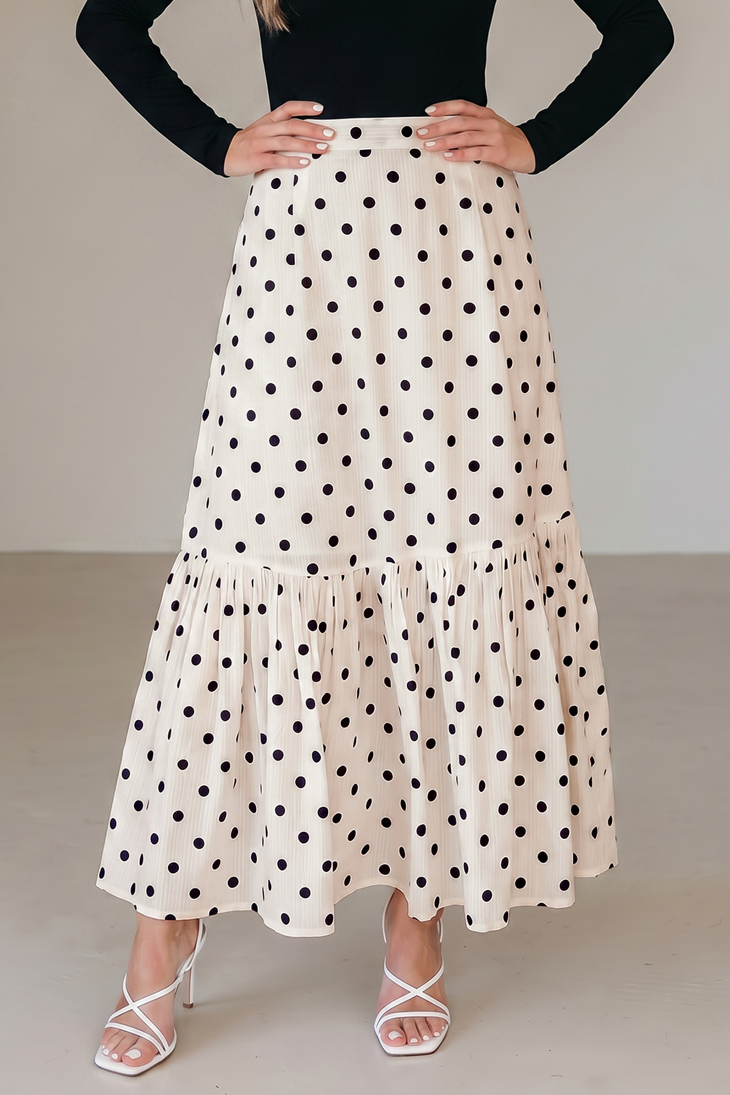 Elegant Women's Polka Dot Flowy Skirt – Ruffled Hem & Split Design, Versatile Gift for Adults - Detail View 6