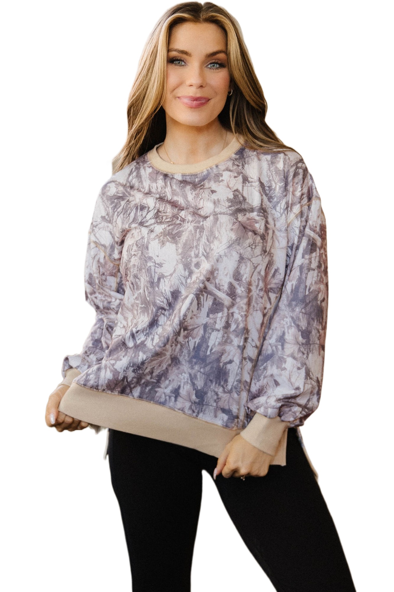 Women's Khaki Camo Tunic Sweatshirt – Casual Fall Pullover - Main View