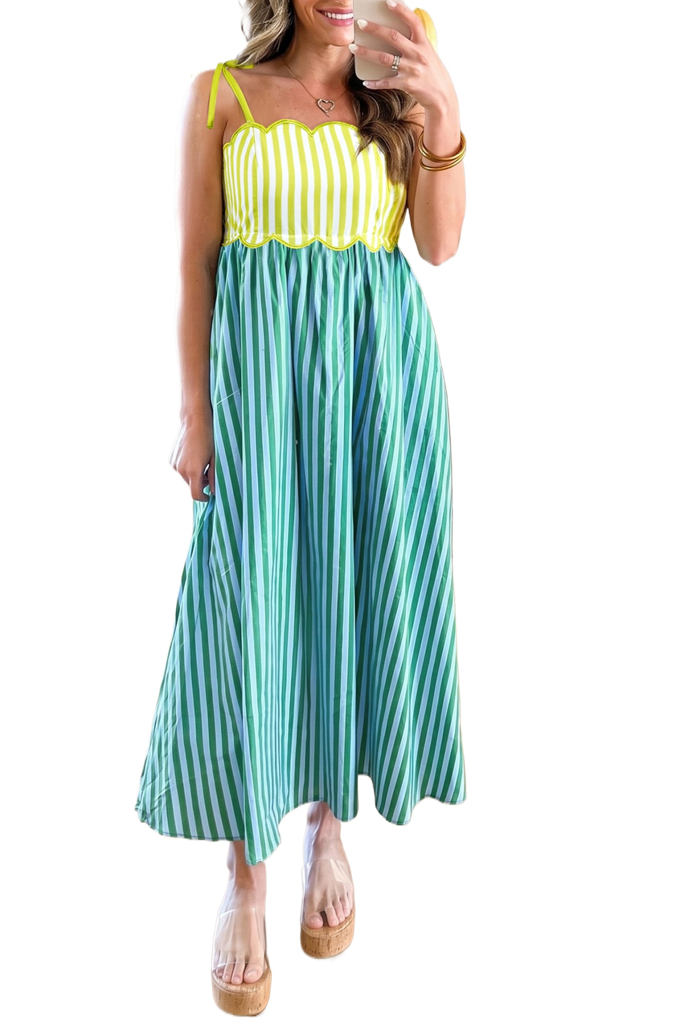 Women's Striped Scalloped Midi Dress – Summer Vacation Style - Main View
