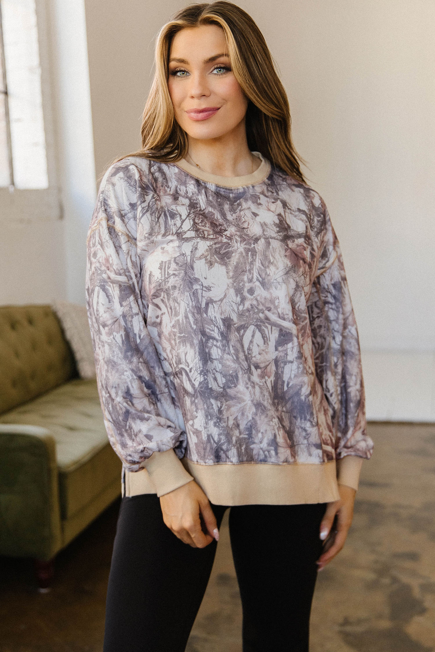 Women's Abstract Print Camo Sweatshirt, Side Split Tunic - Detail View 5