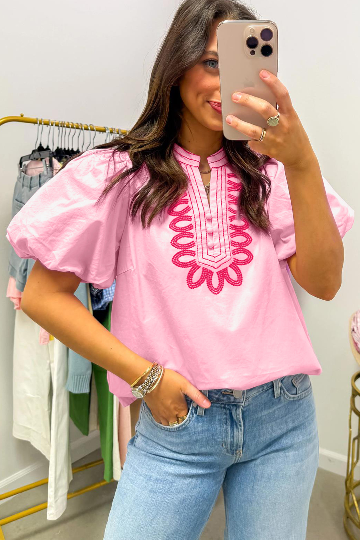 100% Cotton Pink Embroidered Blouse – Women's Summer Top - Detail View 3