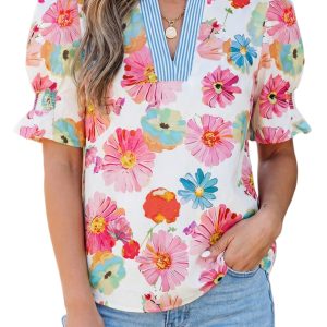 Women's Floral Puff Sleeve Blouse – Casual V-Neck Summer Top - Main View