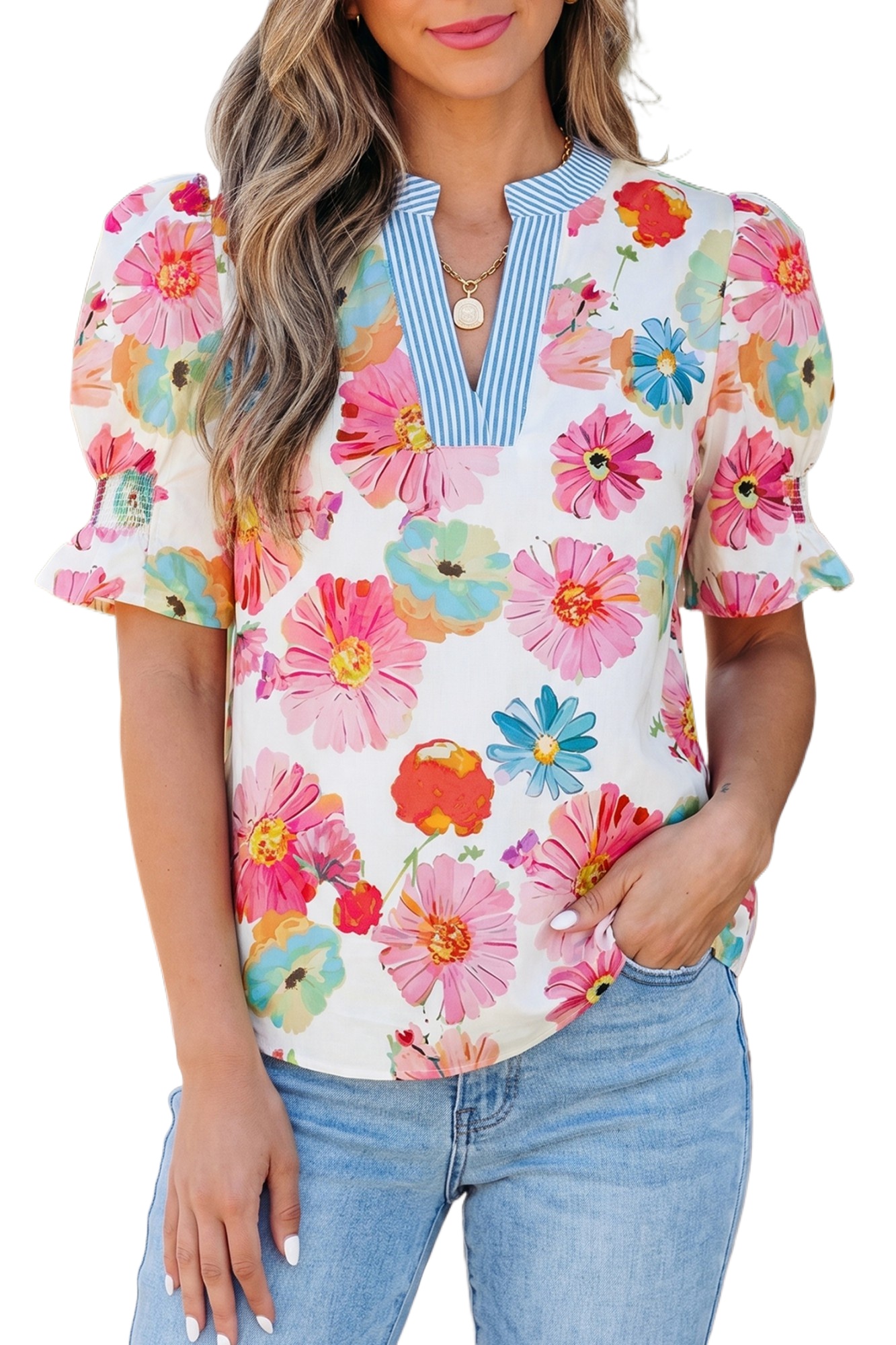 Women's Floral Puff Sleeve Blouse – Casual V-Neck Summer Top - Main View