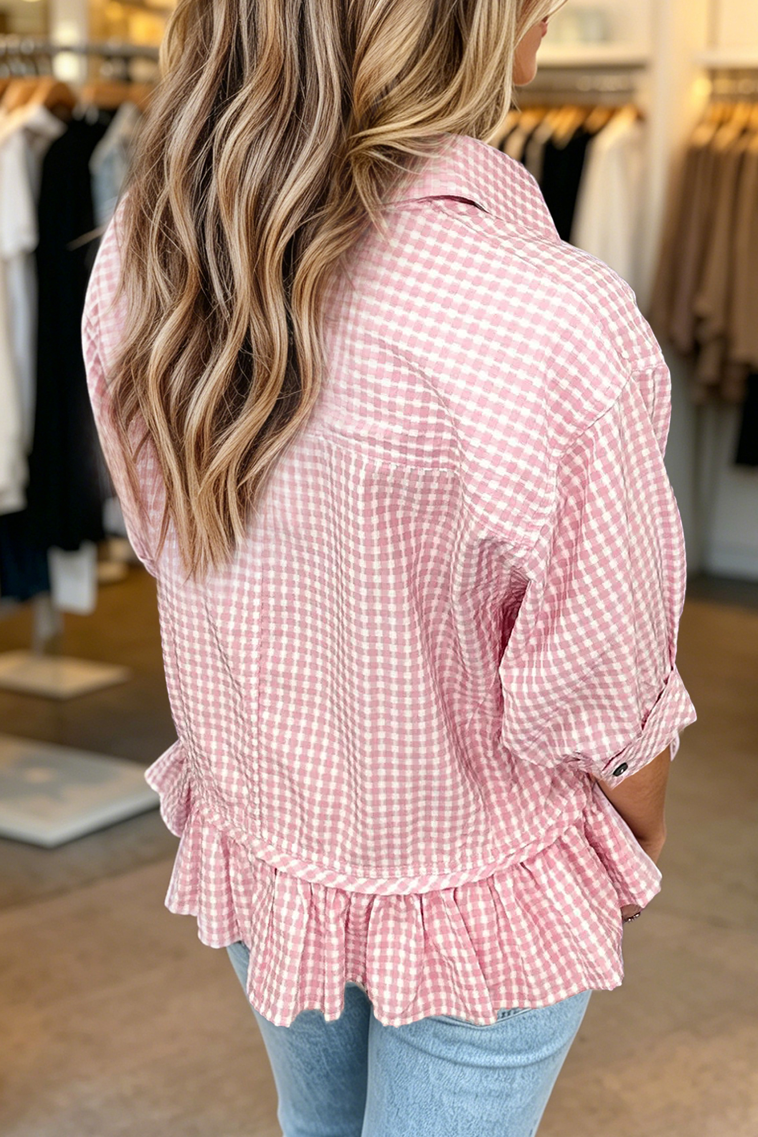Summer Pink Plaid Shirt for Women – Flowy Half Sleeve Ruffle Hem Viscose Blouse - Detail View 2
