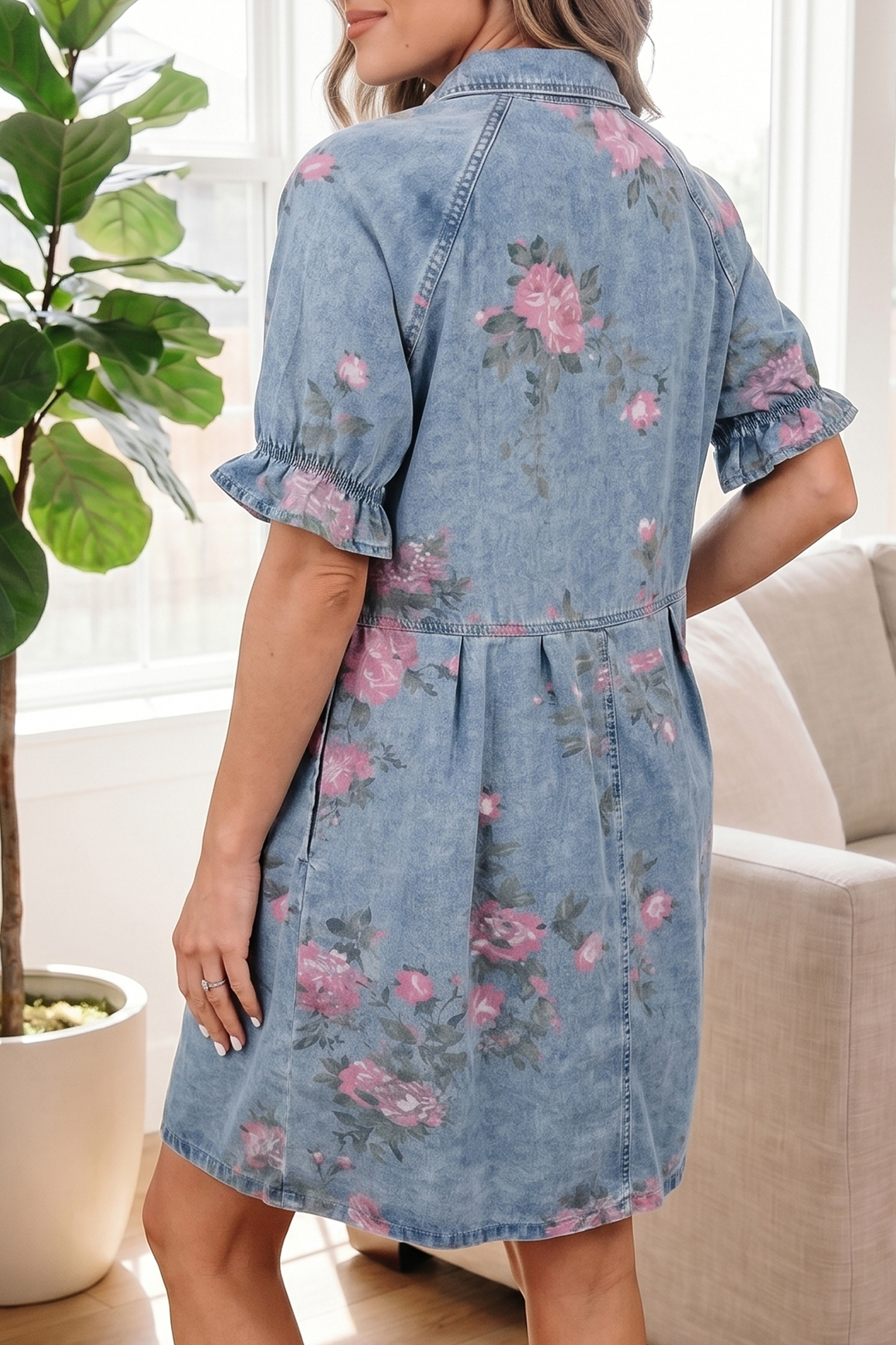 Floral Print Denim Mini Dress for Women - Summer Short Sleeve High Waist Country Style Dress - Detail View 5