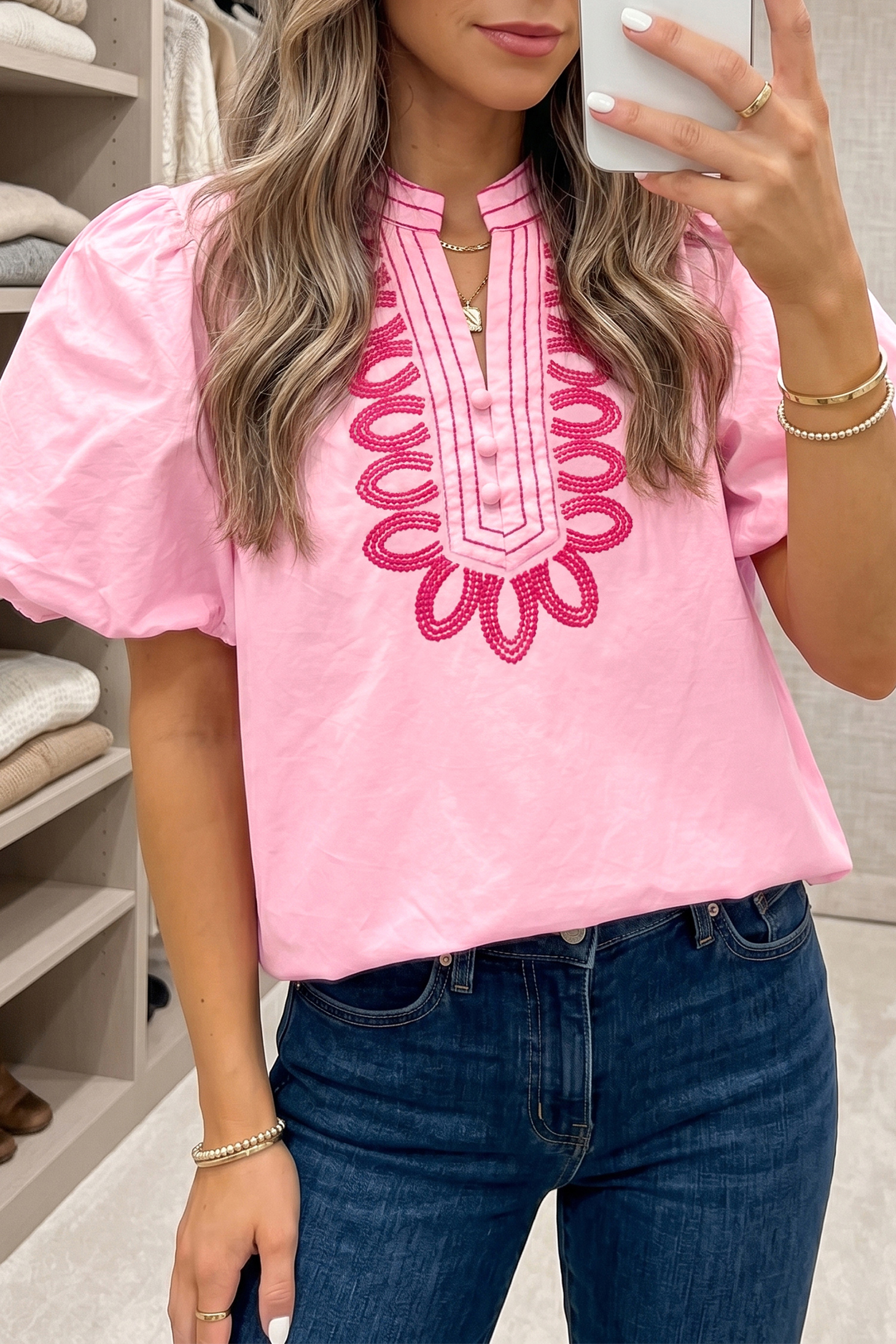 Women's Pink Embroidered Cotton Blouse – Boho Puff Sleeve Top - Detail View 7
