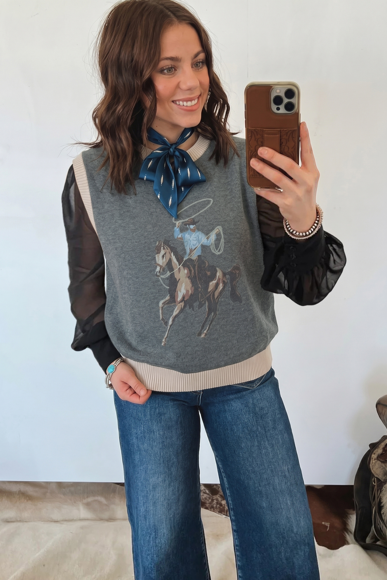 Women's Gray Western Knit Vest – Sleeveless Autumn Tank - Detail View 2