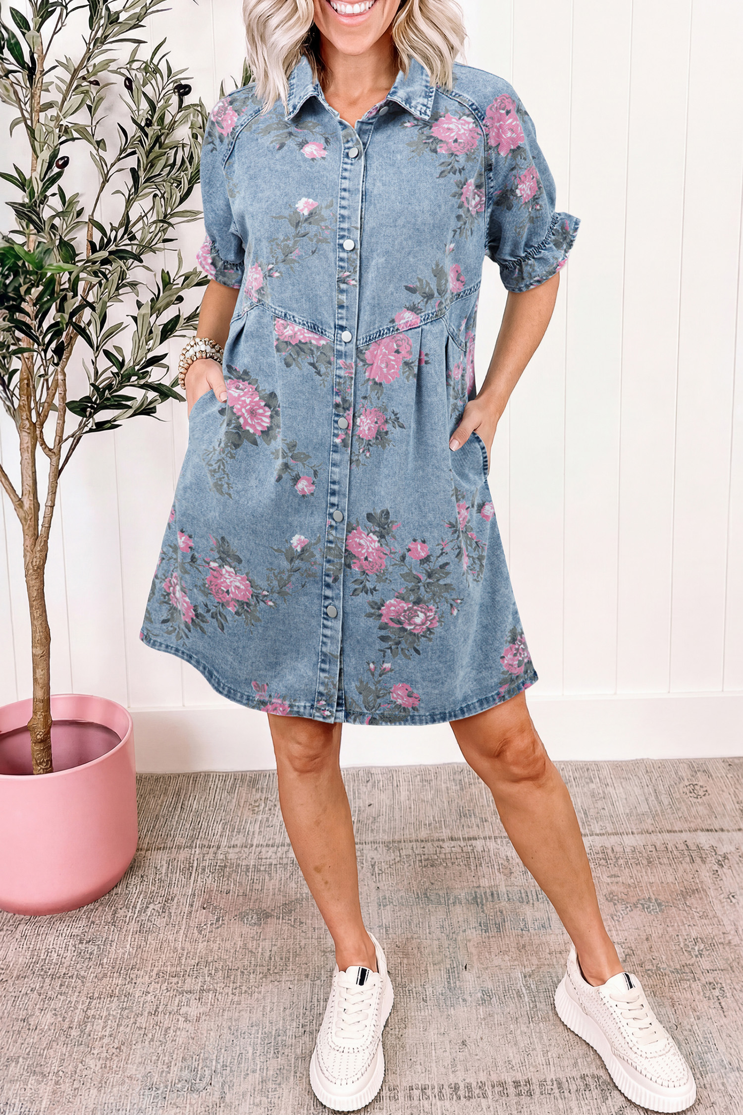 Chic Women's Floral Denim Button Down Dress – Casual Short Sleeve Summer Dress for Vacation - Detail View 6