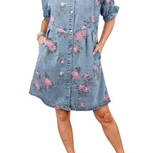 Women's Sky Blue Floral Denim Dress – Short Sleeve Button Down Shift Dress for Daily Wear - Main View