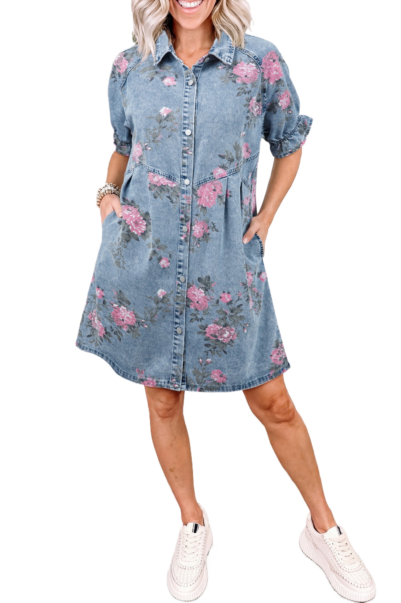 Women's Sky Blue Floral Denim Dress – Short Sleeve Button Down Shift Dress for Daily Wear - Main View