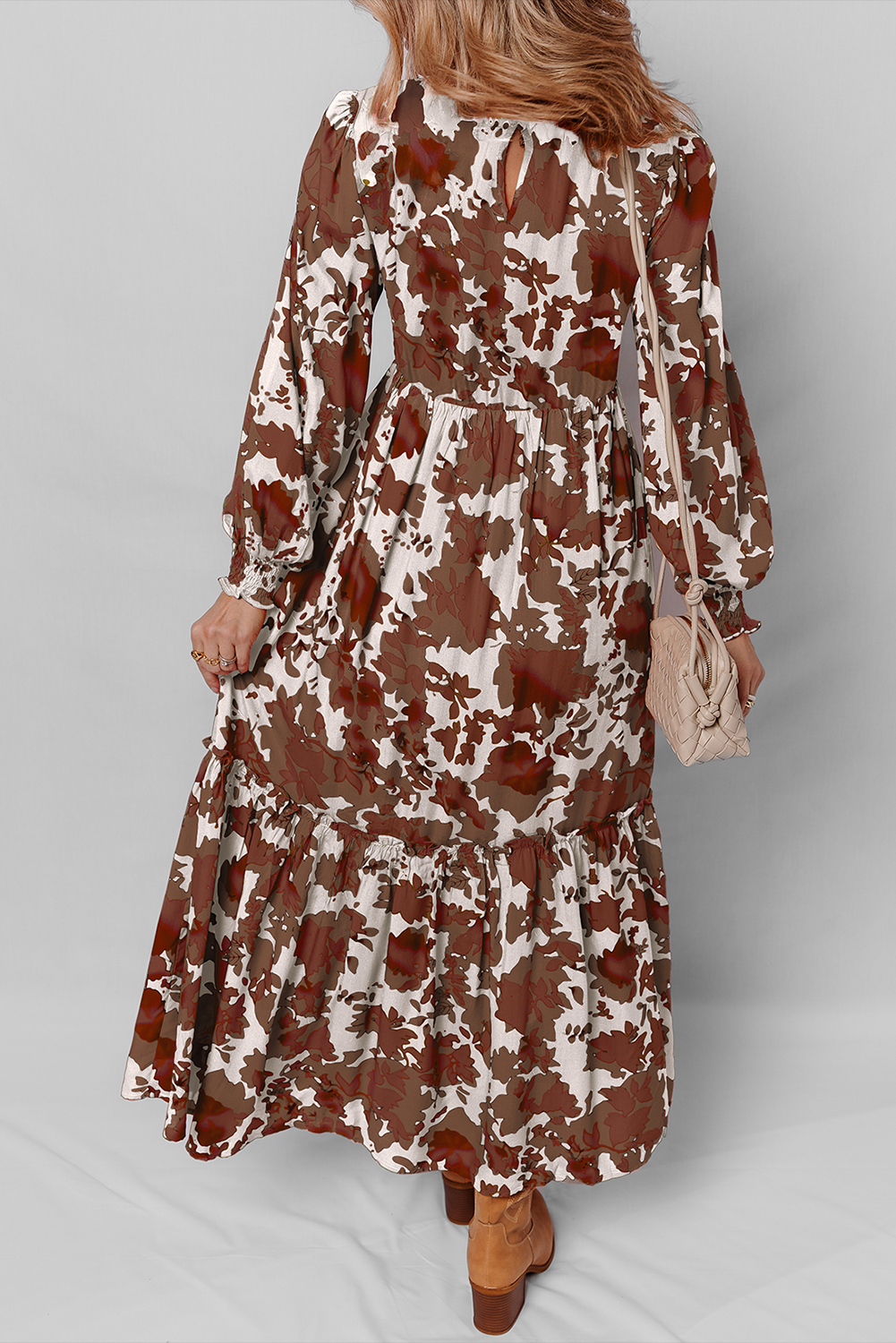 Floral Long Sleeve Smocked Dress for Women – Autumn Boho Maxi - Detail View 2