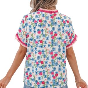 Women's Rose Floral V-Neck Tunic – Ruffle Short Sleeve Casual Shirt - Main View