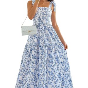 Women's Sky Blue Floral Maxi Dress – Knot Strap Square Neck Summer A-Line Dress - Main View