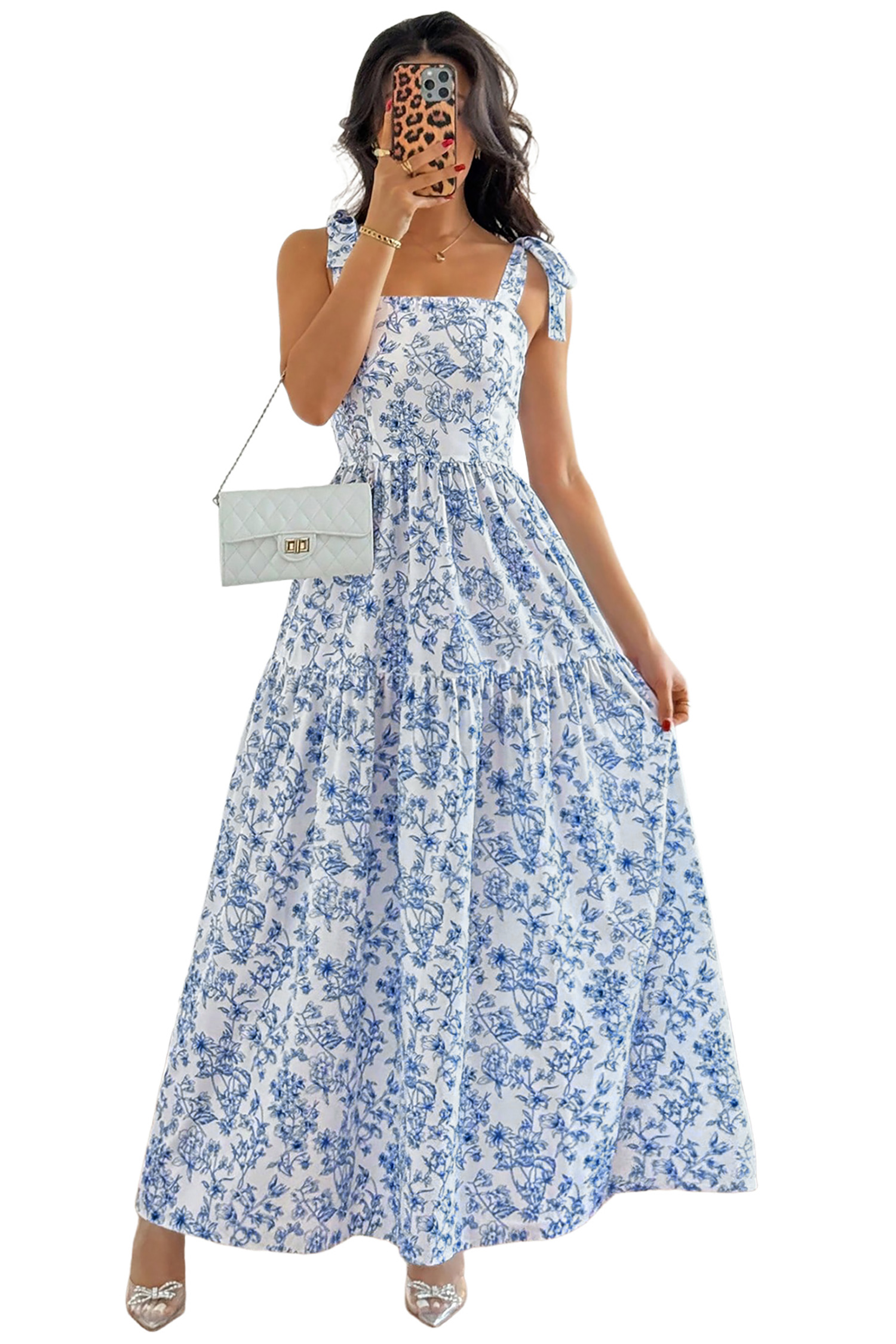 Women's Sky Blue Floral Maxi Dress – Knot Strap Square Neck Summer A-Line Dress - Main View