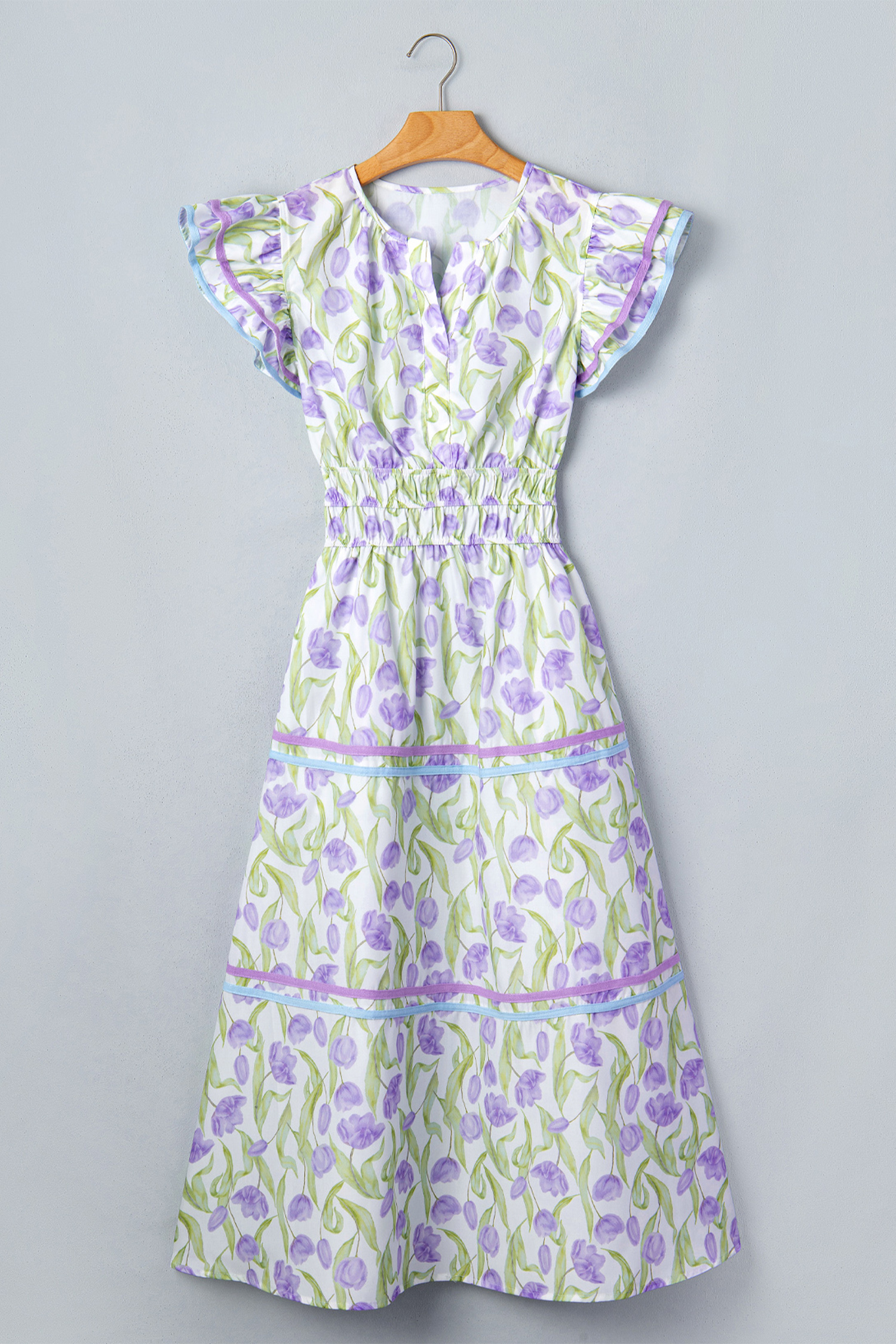 Floral Print Vacation Dress for Women – Contrast Trim High Waist Long Summer Dress with Sleeves - Detail View 5