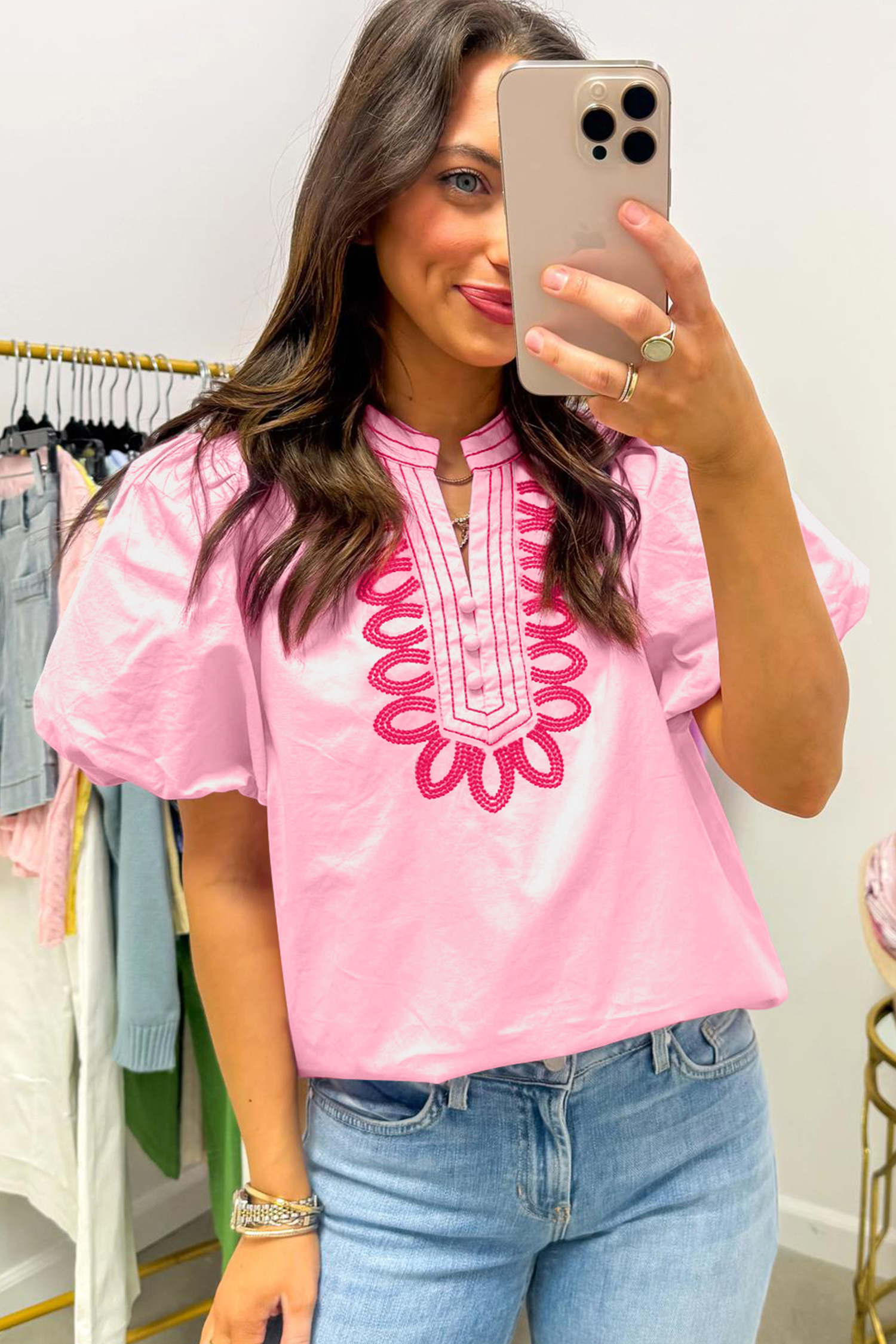 100% Cotton Pink Embroidered Blouse – Women's Summer Top - Detail View 6