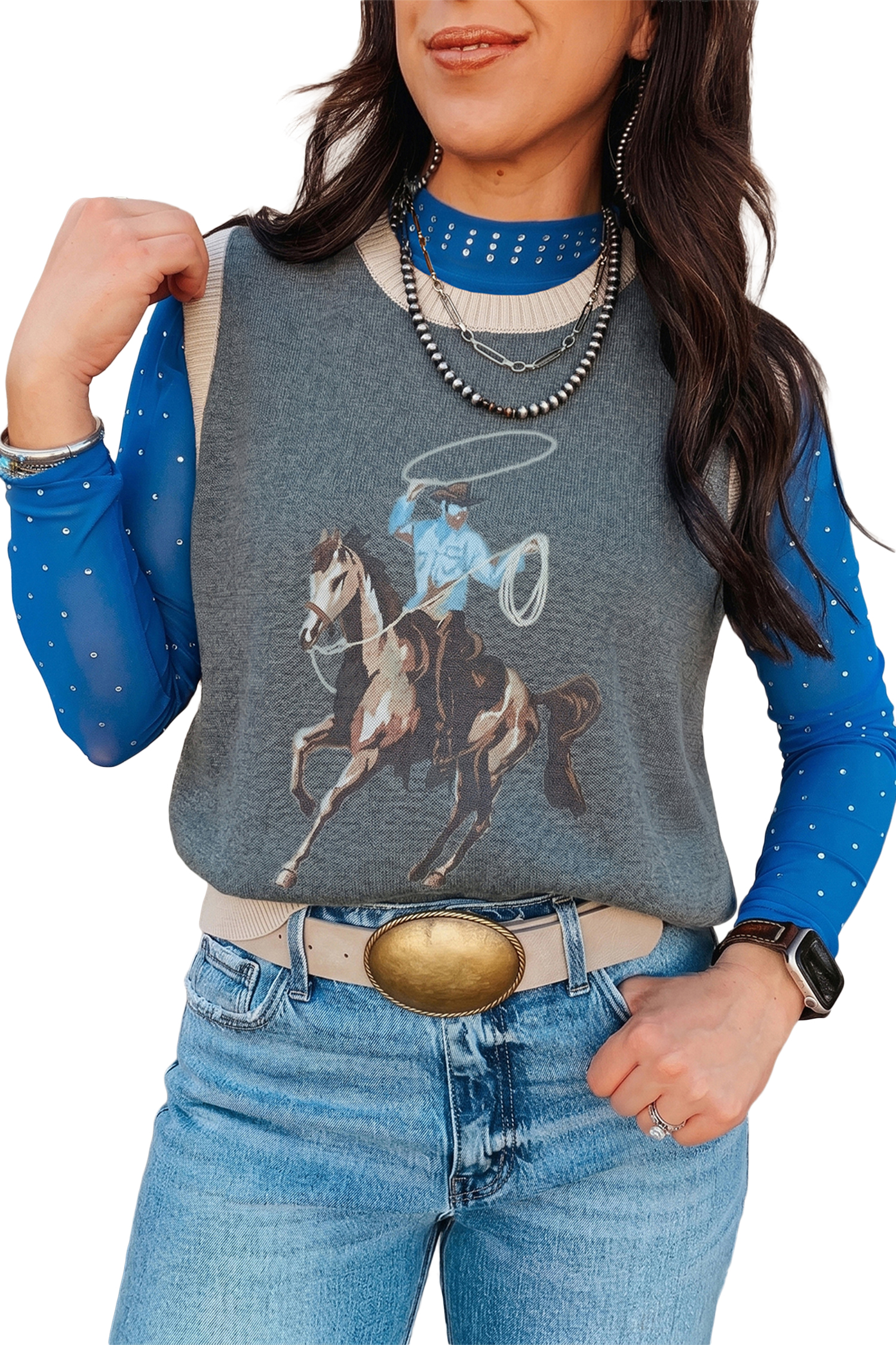 Women's Western Print Knit Vest – Casual Sleeveless Tank - Main View