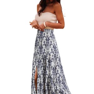 Women's Boho Floral Maxi Skirt – High Waist Tiered Long Skirt with Side Split for Summer - Main View
