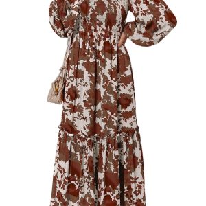 Women's Chestnut Floral Smocked Maxi Dress – Long Puff Sleeve - Main View