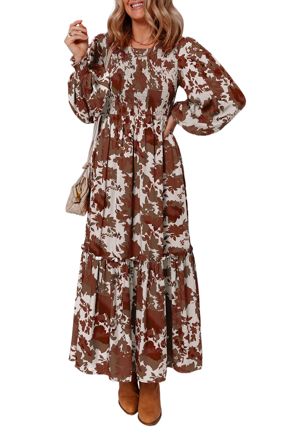 Women's Chestnut Floral Smocked Maxi Dress – Long Puff Sleeve - Main View