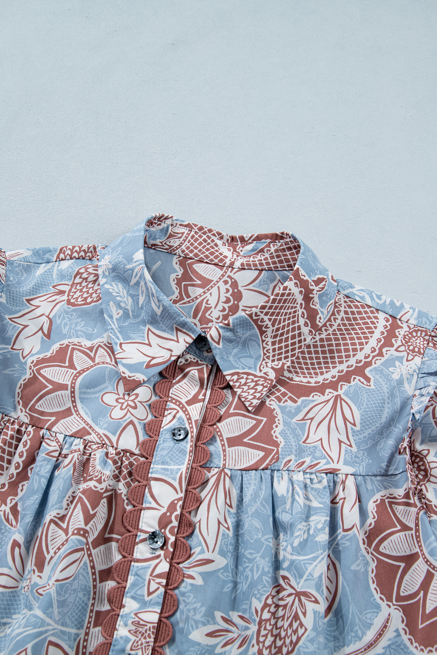 Women's Sky Blue Boho Floral Shirt – Scalloped Cotton Top - Detail View 10