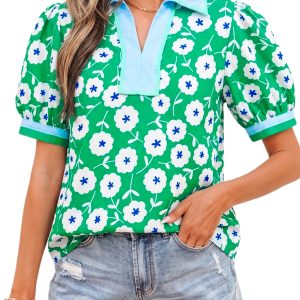 Women's Floral Print Short Sleeve Blouse – Green V-Neck Casual Summer Top with Contrast Trim - Main View