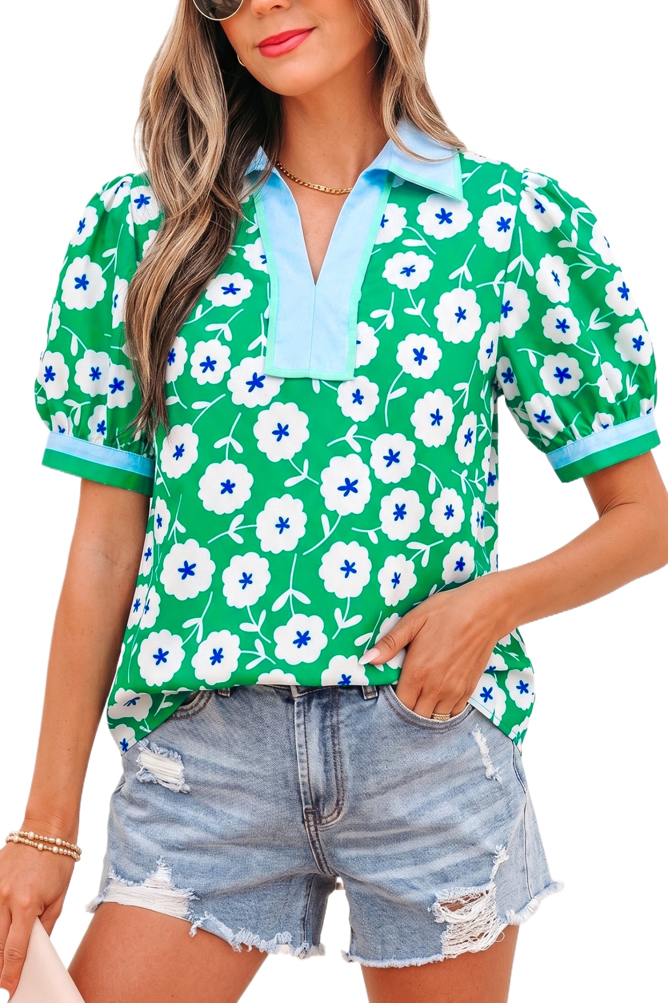 Women's Floral Print Short Sleeve Blouse – Green V-Neck Casual Summer Top with Contrast Trim - Main View