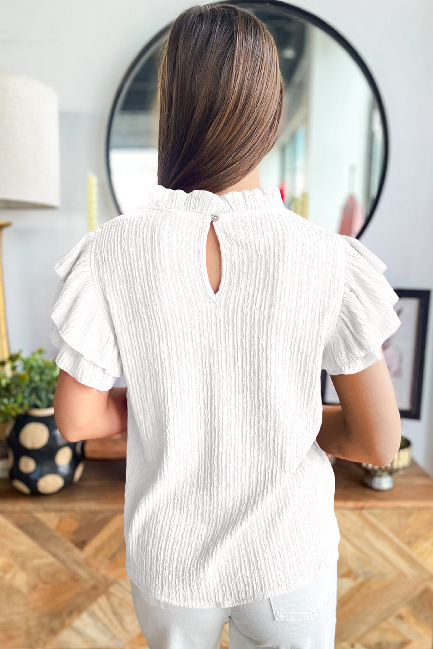 Women's Ruffle Sleeve White Top – Elegant Summer Blouse - Detail View 2