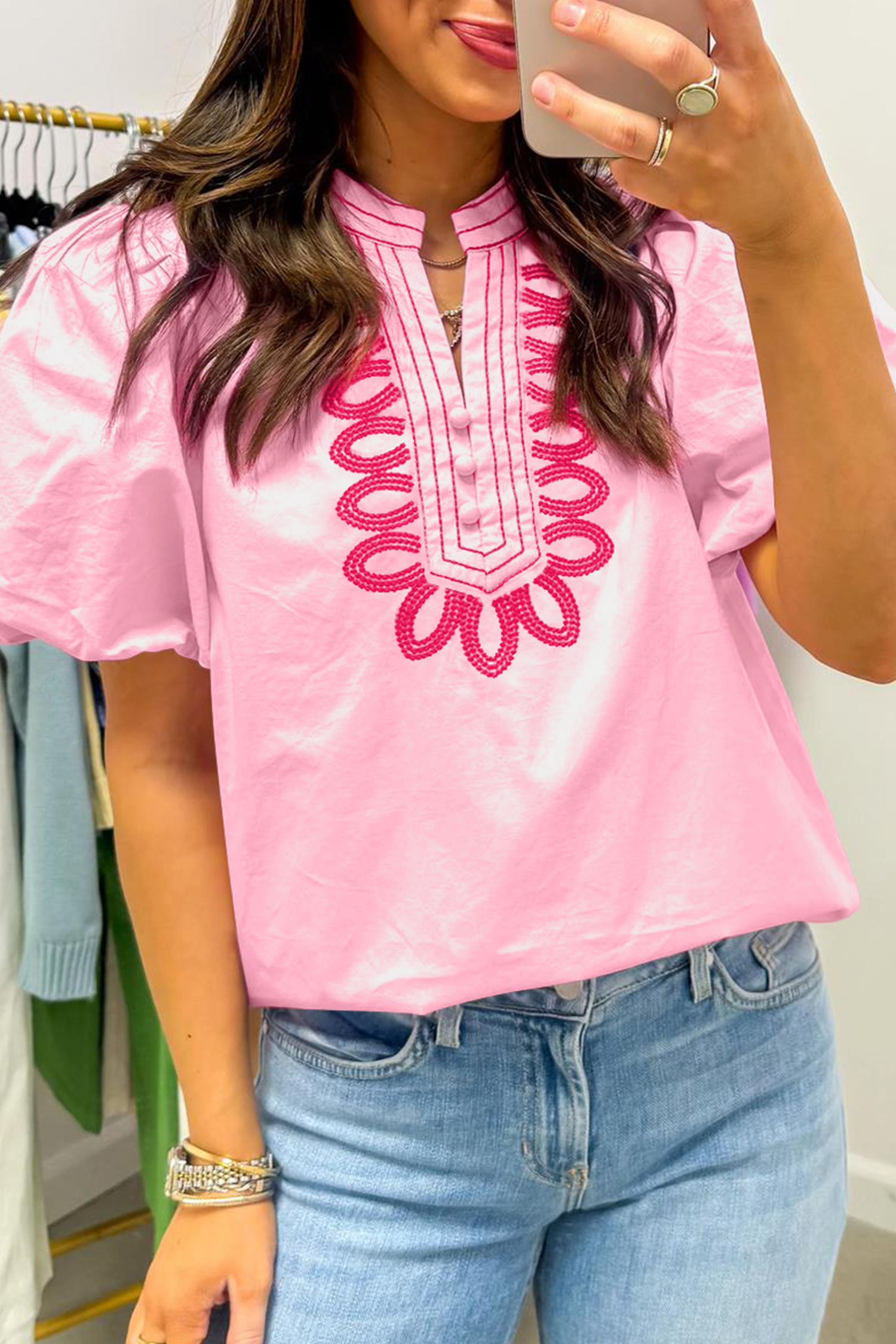 Boho Pink V Neck Cotton Top for Women – Puff Sleeve Blouse - Detail View 2