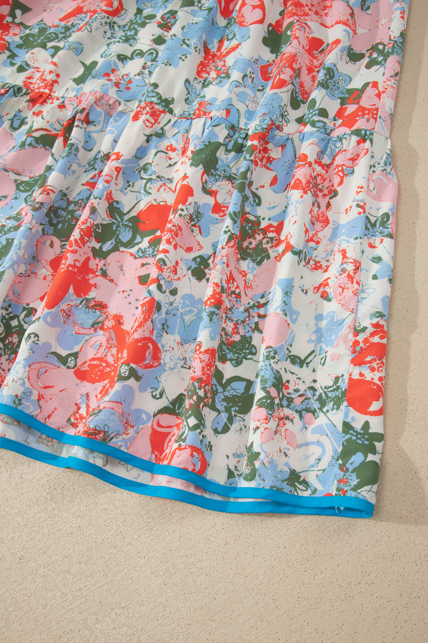 Boho Floral Print Long Dress for Women – Shirred V Neck Contrast Trim Flutter Sleeve A-Line Dress - Detail View 11