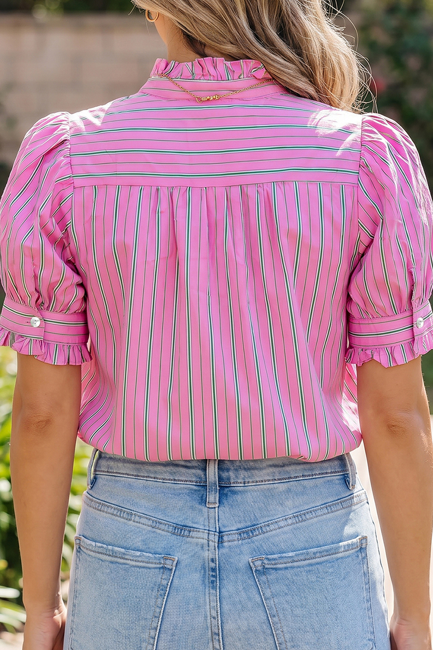 Chic Women's Pink Striped Blouse, Puff Sleeve Gift Top - Detail View 3