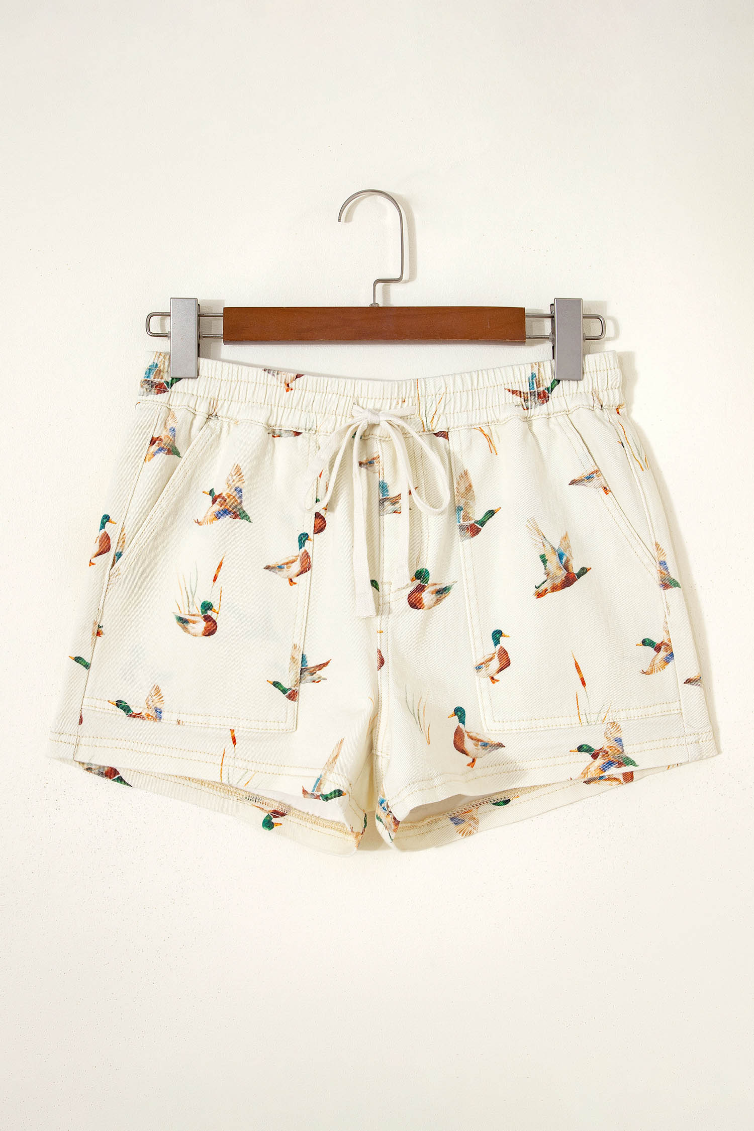 Women's Animal Print Denim Shorts – Nature Inspired Beige Mallard Duck Shorts for Daily Wear - Detail View 6