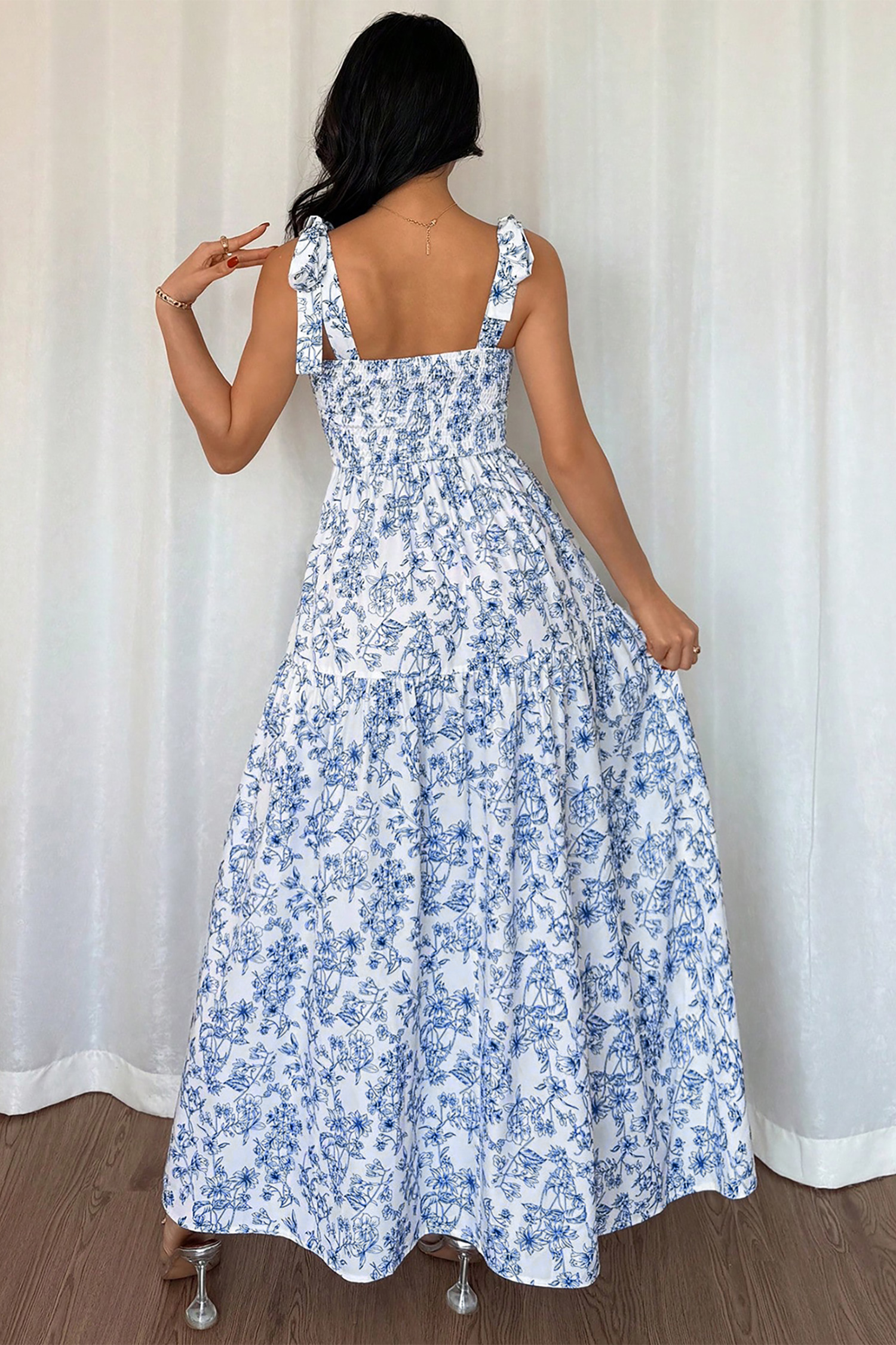 Boho Floral High Waist Long Dress for Women – Sleeveless Knot Strap Vacation Maxi Dress - Detail View 17