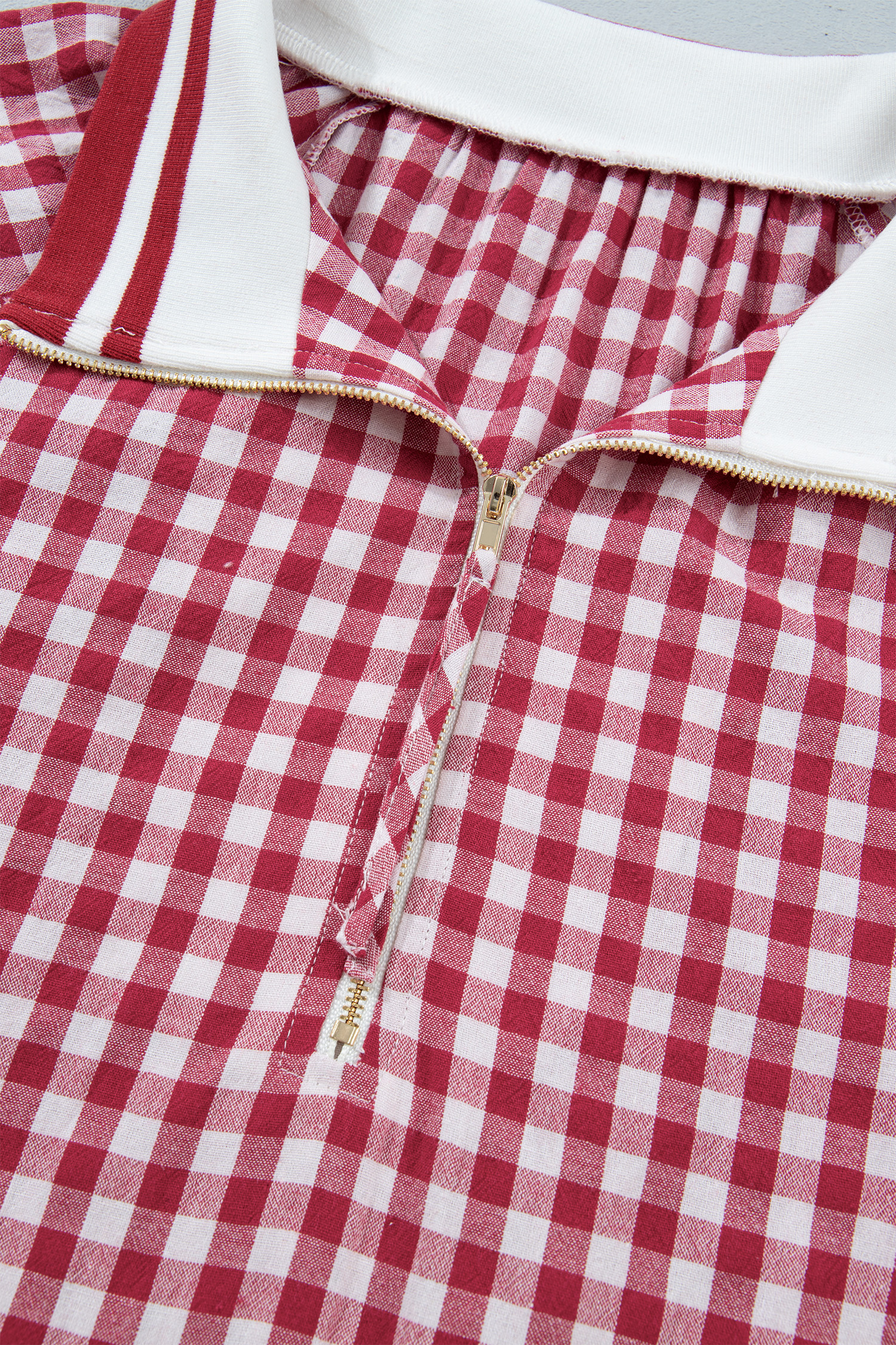Women's Red Gingham Half Zip Blouse – Casual Summer Top - Detail View 7