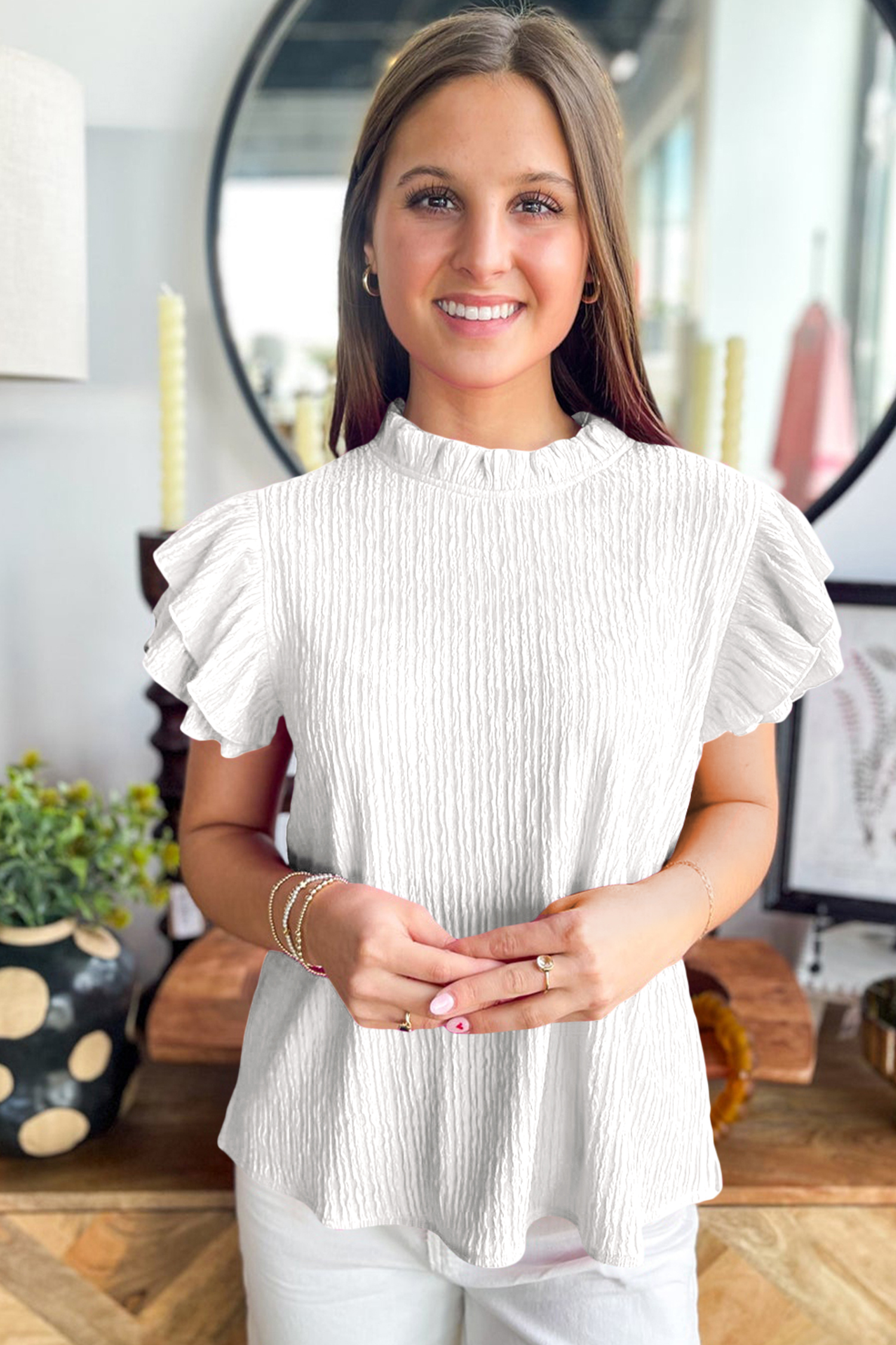 Women's Ruffle Sleeve White Top – Elegant Summer Blouse - Detail View 5