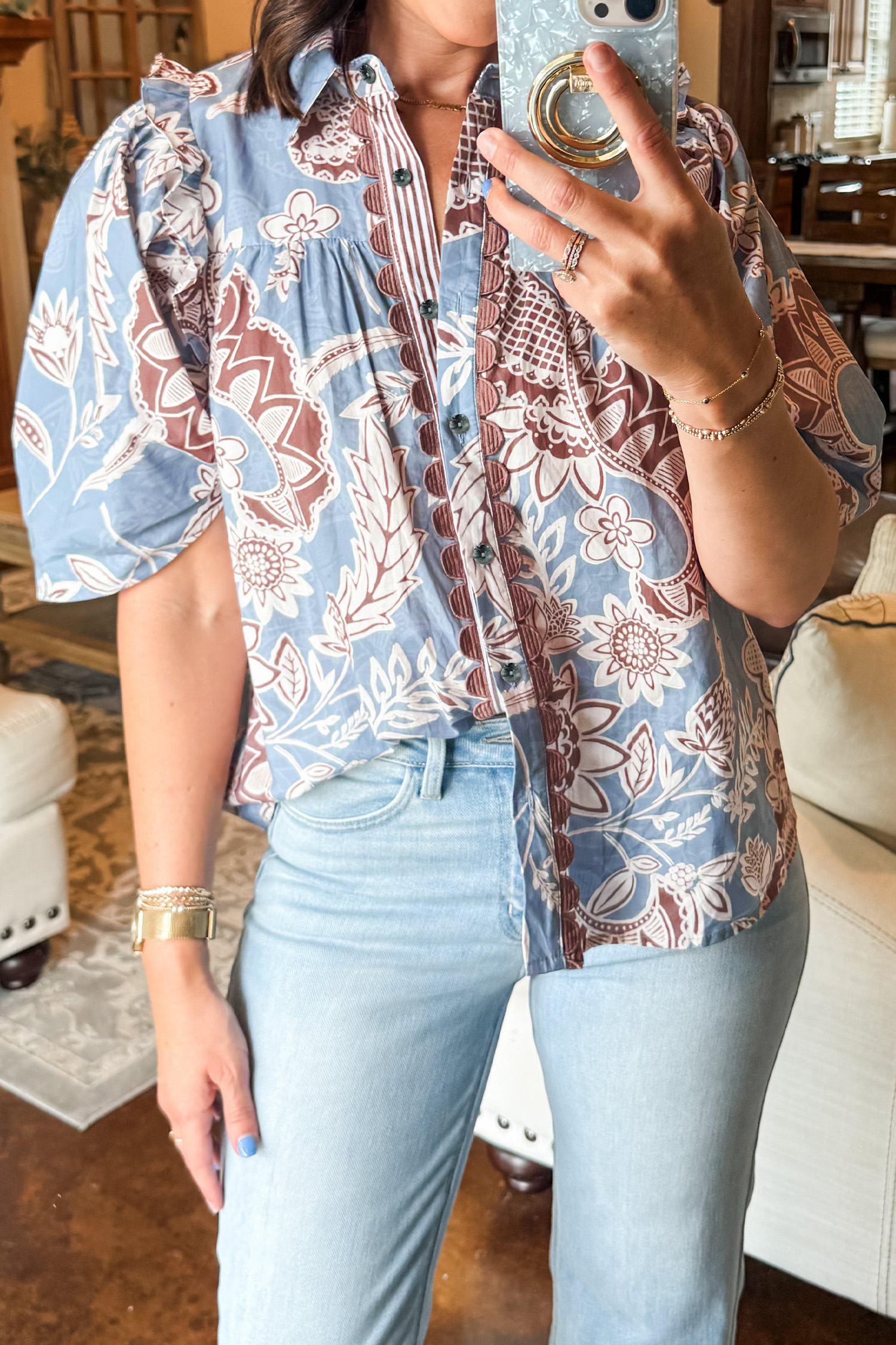 Sky Blue Boho Floral Women's Shirt – 100% Cotton Summer Top - Detail View 3