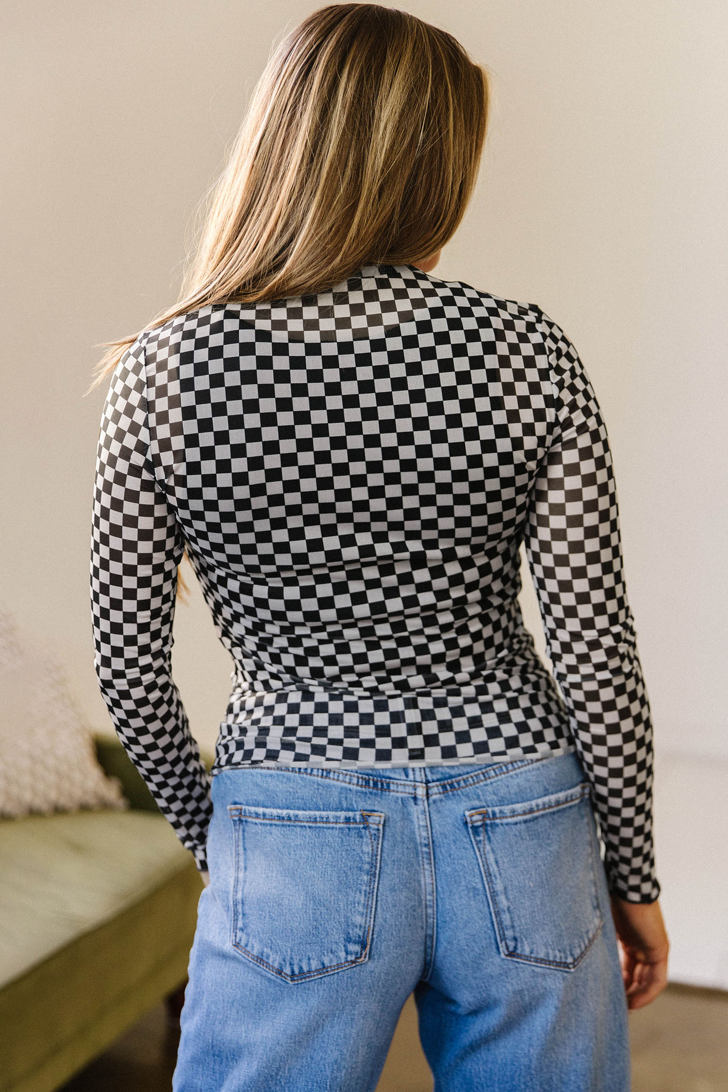 Women's Checkered Mesh Top, Fall Mock Neck Long Sleeve Tee - Detail View 2