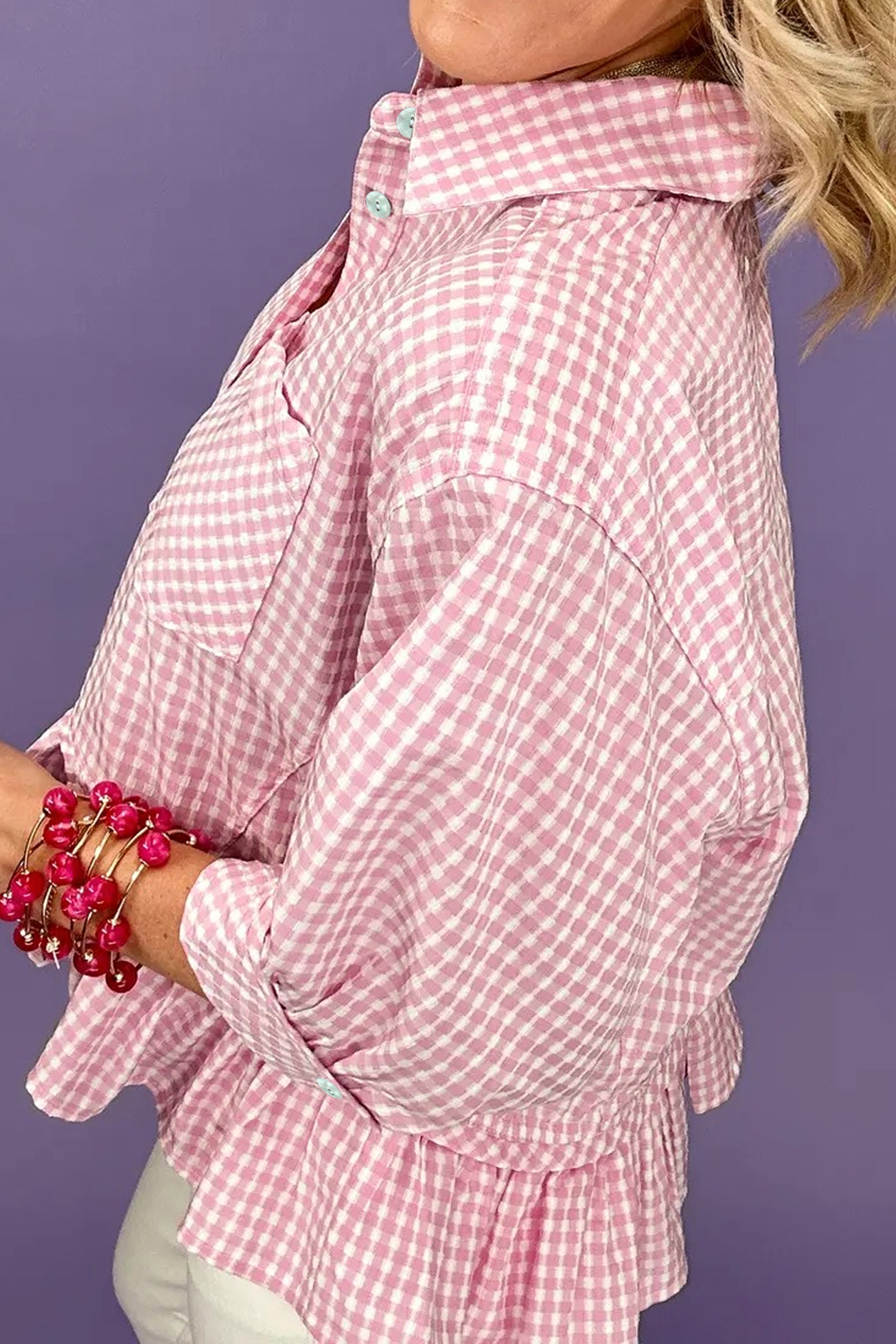 Casual Pink Plaid Button Down Top for Women – Half Sleeve Ruffle Hem Viscose Shirt, Gift Idea - Detail View 6