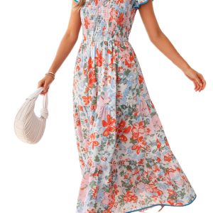 Women's Apricot Floral Maxi Dress – V Neck Flutter Sleeve Long Summer Vacation Dress - Main View