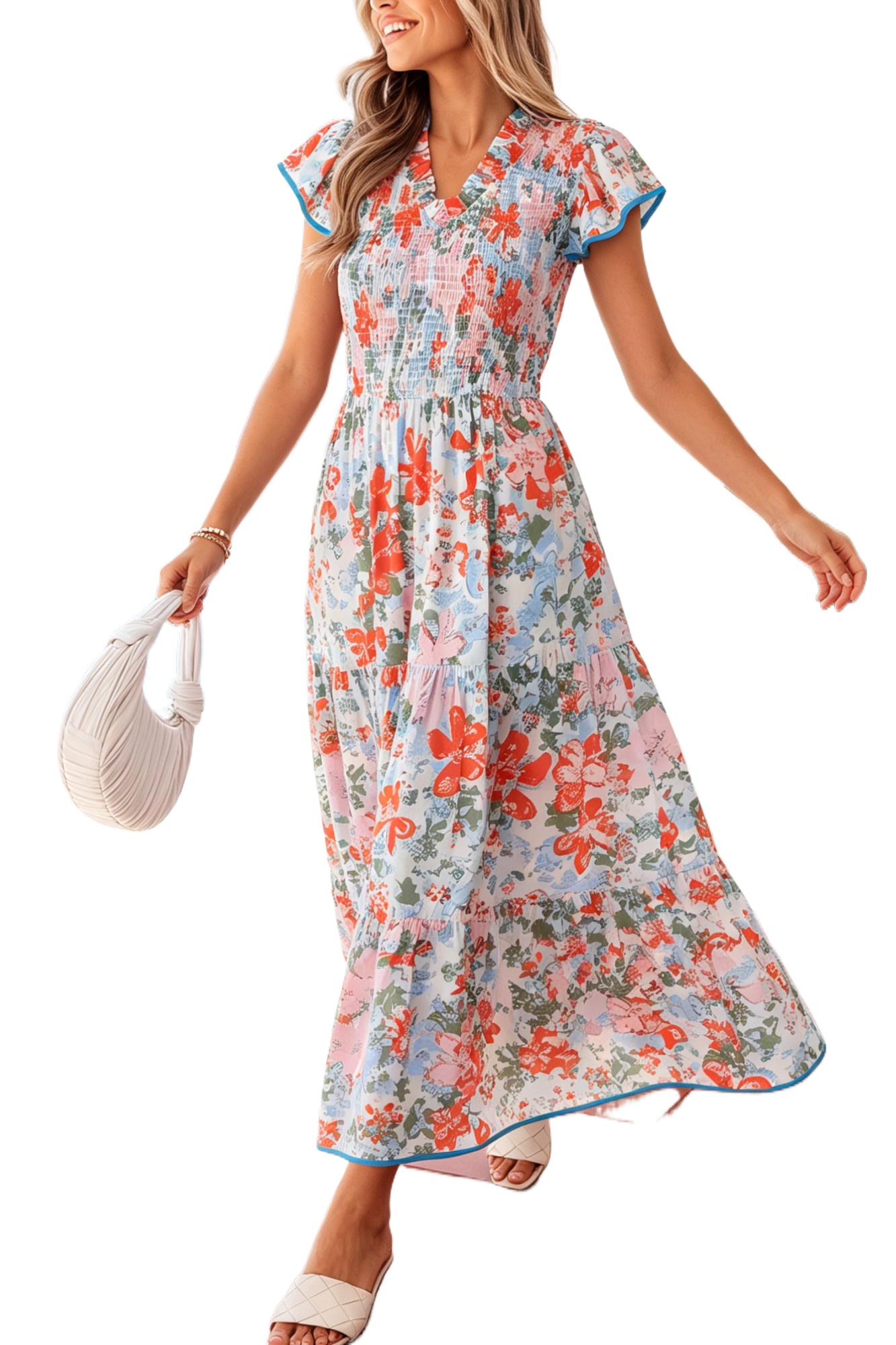 Women's Apricot Floral Maxi Dress – V Neck Flutter Sleeve Long Summer Vacation Dress - Main View