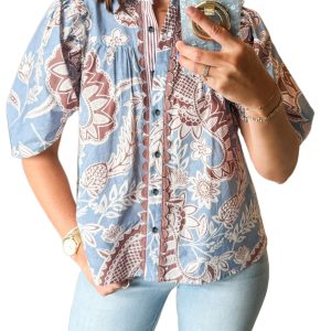 Women's Sky Blue Boho Floral Shirt – Scalloped Cotton Top - Main View
