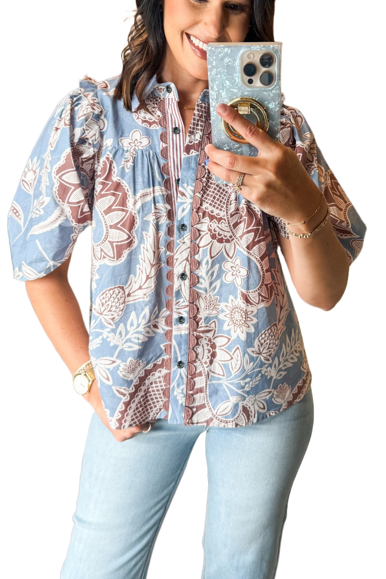 Women's Sky Blue Boho Floral Shirt – Scalloped Cotton Top - Main View